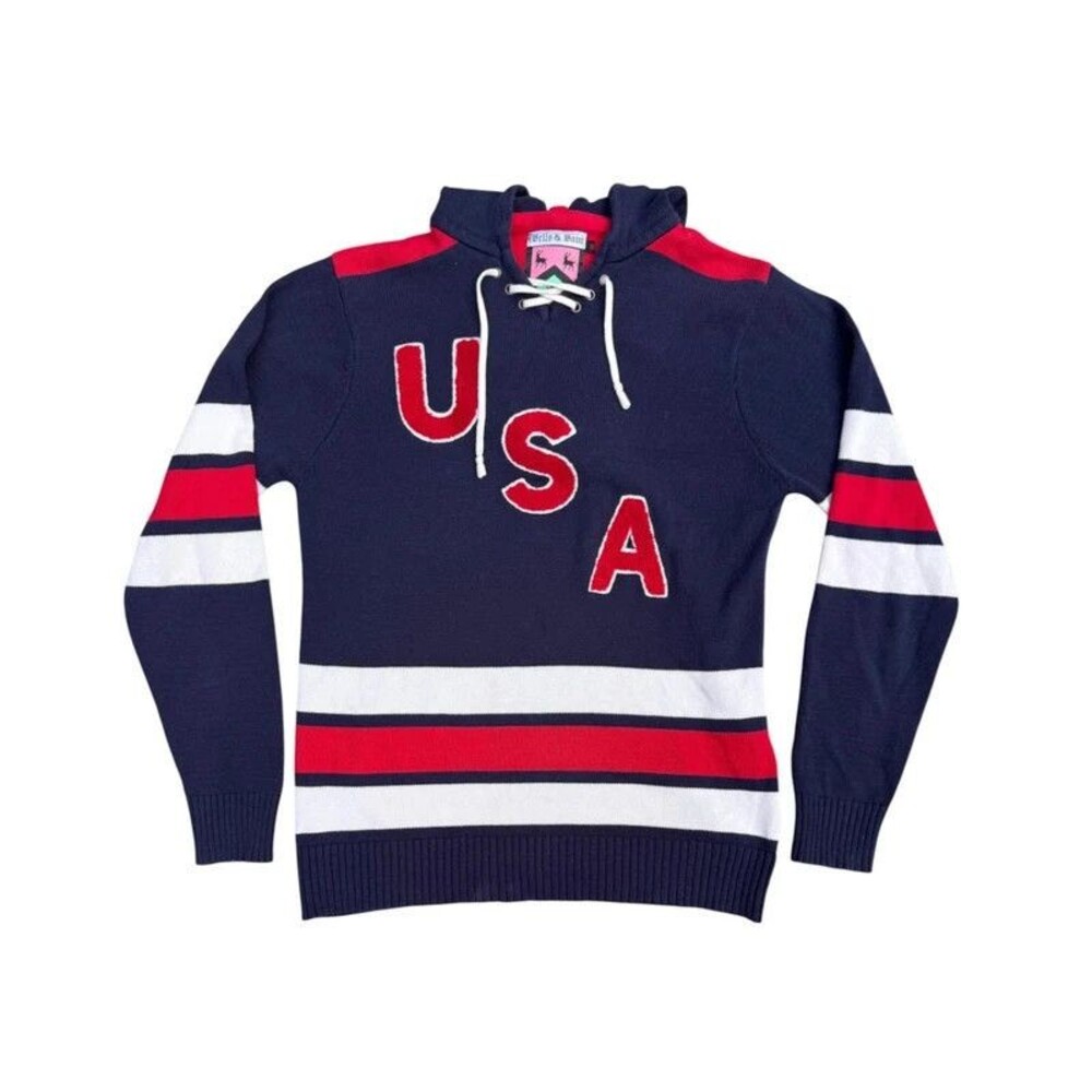 Varsity Sporty Preppy Wells & Bain USA Hockey Hoodie Sweater - M